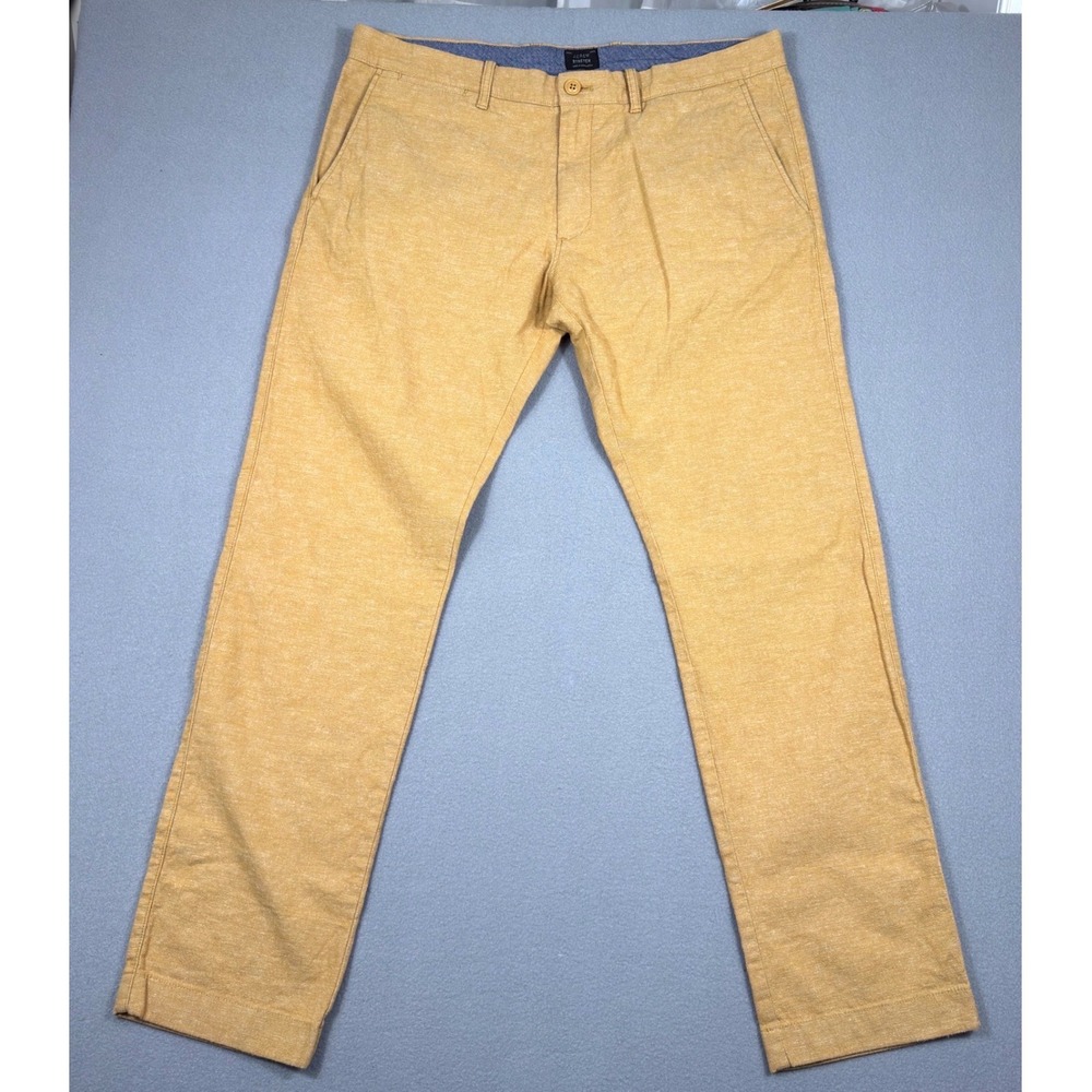 J Crew Mens 35x32 (36x31) Pants 770 Straight Yellow Chambray Linen Blend Stretch